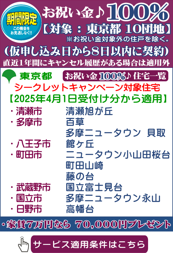 UR賃貸住宅 東京都 お祝い金 100％%贈呈
