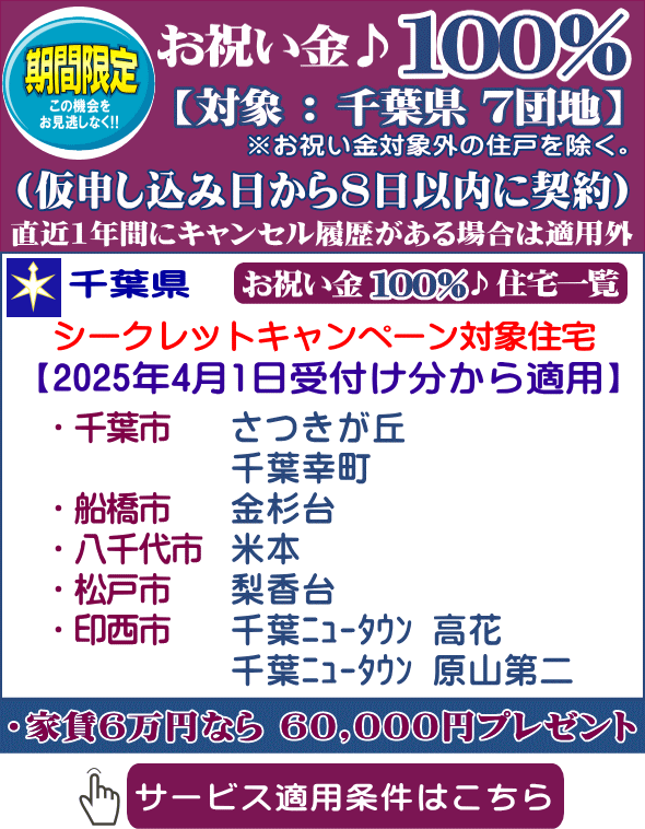 UR賃貸住宅 千葉県 お祝い金 100％%贈呈