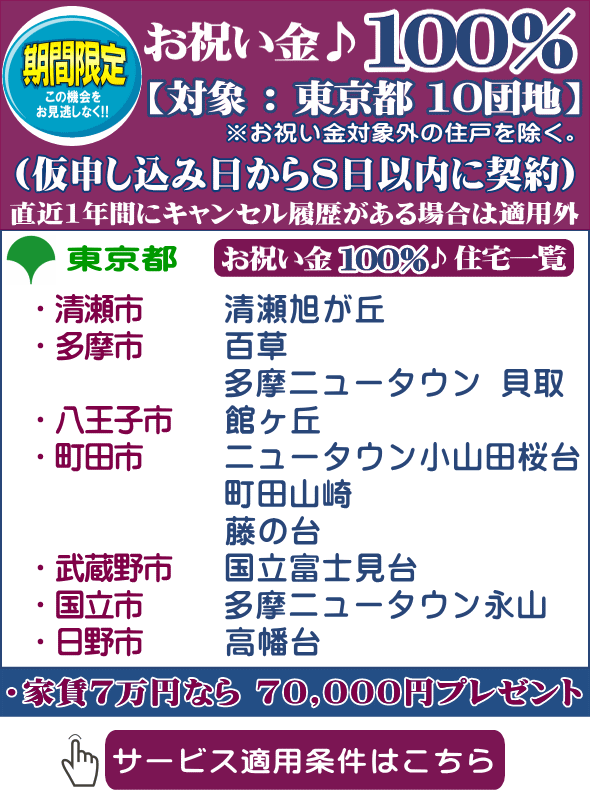 ＵＲ東京 お祝い金キャッシュバック１００％ 贈呈