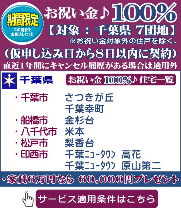 ＵＲ千葉 お祝い金キャッシュバック１００％ 贈呈